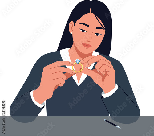 A woman carefully examining a gemstone ring with focus and concentration in a flat, minimal design style vector illustration