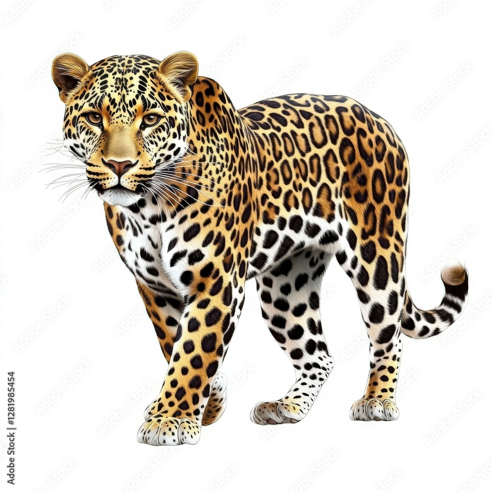 Obraz premium A detailed illustration of a leopard showcasing its distinctive spots and muscular build, set against a clean background.