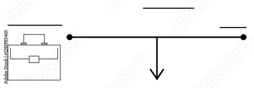 Minimalist balance scale design showing a briefcase on one side and a downward arrow on the other. Ideal for work-life balance, decision-making, prioritization, choices, equality, stability