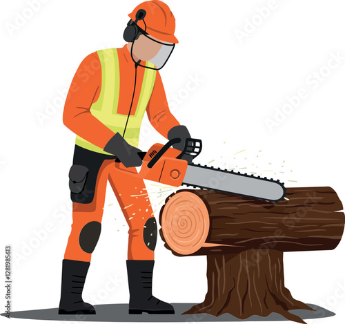 A lumberjack in safety gear using a chainsaw to cut a log with detailed vector art showcasing the woodworking process in a vibrant and focused atmosphere vector illustration