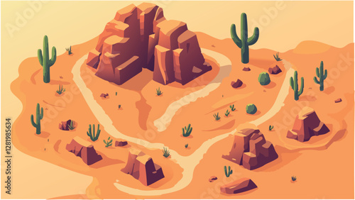 Isometric Nevada Desert- Cacti and Rock Formations.eps