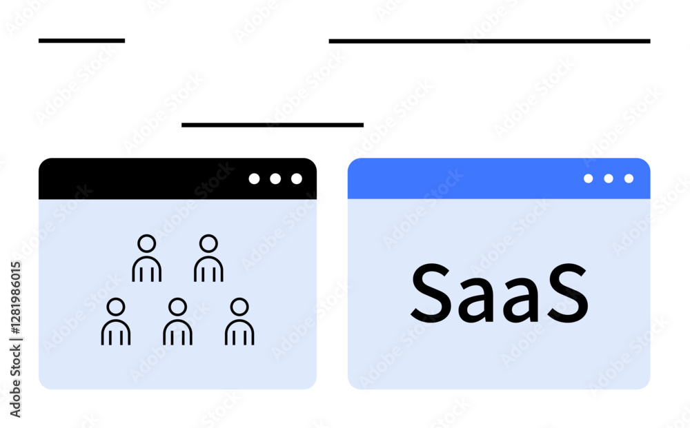 Two browser windows, one with user icons, the other labeled SaaS. Ideal for teamwork, tech innovation, cloud services, user management, business solutions, software ideas abstract line flat metaphor Two browser windows, one with user icons, the other labeled SaaS. Ideal for teamwork, tech innovation, cloud services, user management, business solutions, software ideas abstract line flat metaphor