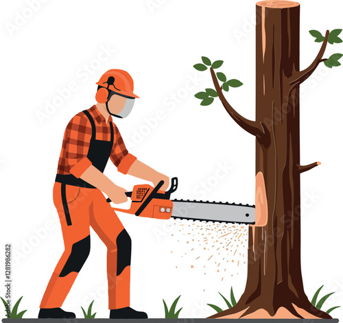 A lumberjack in orange gear using a chainsaw to fell a tree in a flat vector illustration showcasing his focused expression and surrounding greenery in a natural setting vector art