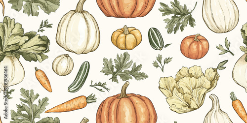 Autumn seamless vector pattern with different pumpkins, leaves and more on white Thanksgiving background. Suitable for harvest festival, textile or seasonal fall decor