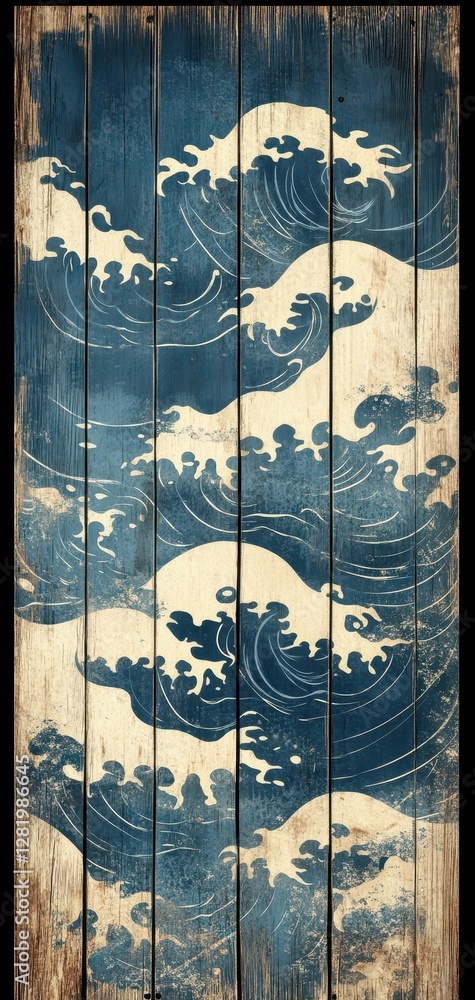 Fototapeta premium Aged wooden surface with handpainted Japanese seigaiha waves, softly worn by time and nature