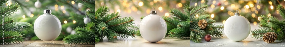 Naklejka premium Three Christmas ornaments are displayed on a table. The first ornament is a white egg, the second is a white ball, and the third is a white ornament with a red star