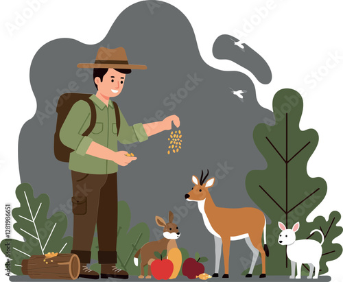 A man feeding animals in a forest setting with detailed flat design elements in vibrant colors, showcasing natures harmony in vector art