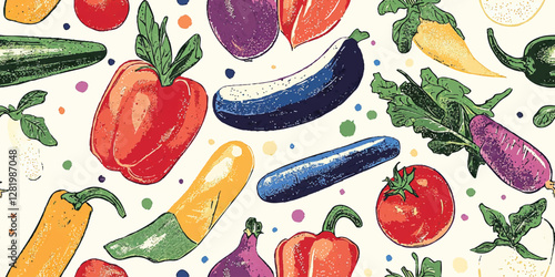 A colorful vector seamless pattern of fresh vegetables on a beige vintage background, Vegetarian print features healthy vegetables and fresh green food