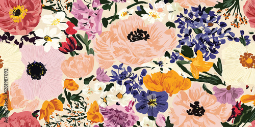 An abstract floral vector painting featuring pink, yellow, and blue colors captures the essence of blooming vibrancy for use as a seamless background, modern decor, or textile designs