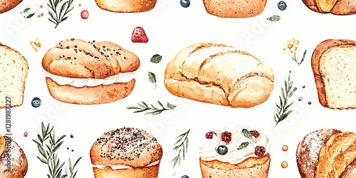 Seamless vector Pattern of Featuring Breads, Pastries, and Bakery Products, doodle illustration isolated on white background repeat print illustration