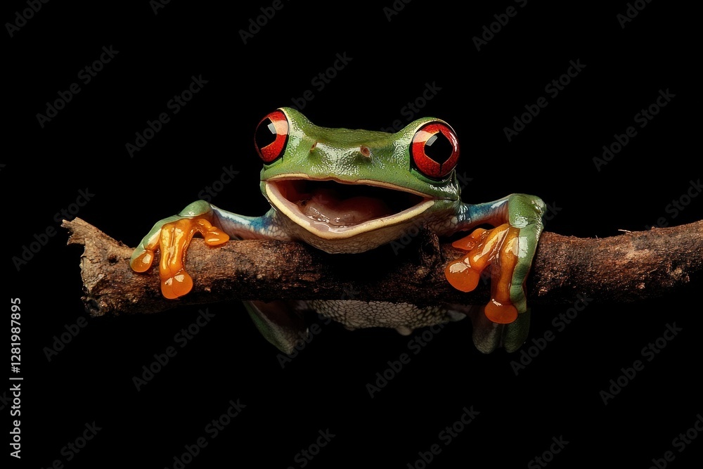Naklejka premium Red eyed tree frog on a branch smiling brightly