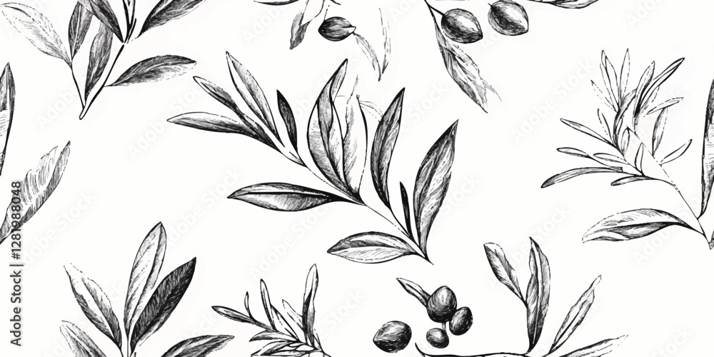 Fototapeta premium Olive branch pattern. Seamless vector black and white botanical pattern with olive branches and leaves on a white background for design element, wrapping, wallpaper, banner background