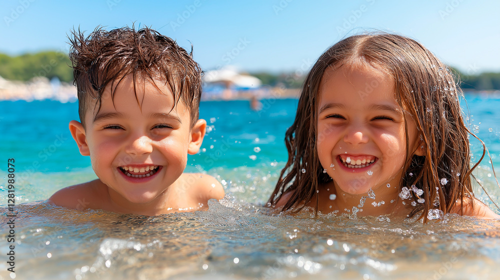 Two joyful kids play in the sea near the shoreline, laughing as they chase waves. Sunlit water splashes around them, capturing carefree childhood moments filled with happiness and adventure. Two joyful kids play in the sea near the shoreline, laughing as they chase waves. Sunlit water splashes around them, capturing carefree childhood moments filled with happiness and adventure.
