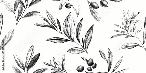Olive branch pattern. Seamless vector black and white botanical pattern with olive branches and leaves on a white background for design element, wrapping, wallpaper, banner background