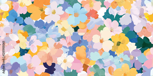 Abstract pastel floral vector painting featuring pink, yellow, and blue colors captures the essence of blooming vibrancy for use as a seamless background, modern decor, or textile designs