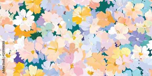 Abstract pastel floral vector painting featuring pink, yellow, and blue colors captures the essence of blooming vibrancy for use as a seamless background, modern decor, or textile designs