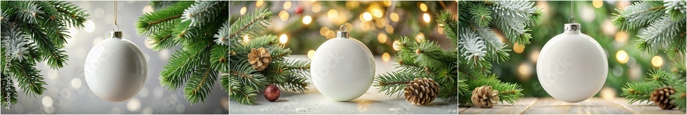Three Christmas ornaments hanging from a tree branch. The ornaments are white and are placed in the middle of the image