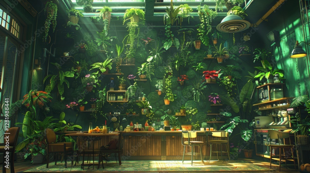 Lush Indoor Greenery and Cozy Cafe Atmosphere with Sunlight Lush Indoor Greenery and Cozy Cafe Atmosphere with Sunlight