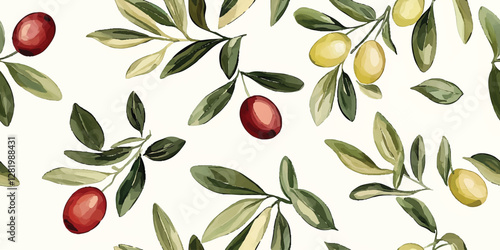 Seamless vector pattern of olive branches with green leaves and tiny olives on a soft cream background, ideal for a Mediterranean vintage vibe