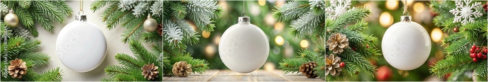Three white ornaments hanging from a tree. The tree is decorated with red and green leaves Three white ornaments hanging from a tree. The tree is decorated with red and green leaves