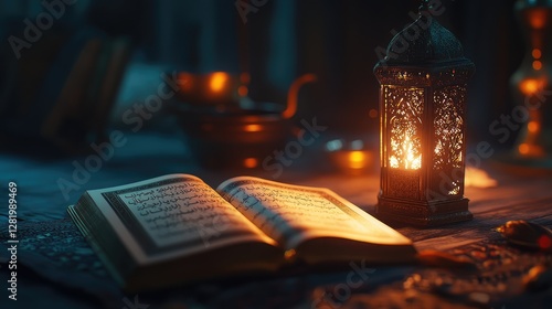 Beautifully lit Quran beside an ornate lantern, symbolizing spirituality and devotion. Concept Ramadan, enlightenment, worship, Islamic tradition, holy month, spirituality, and devotion.