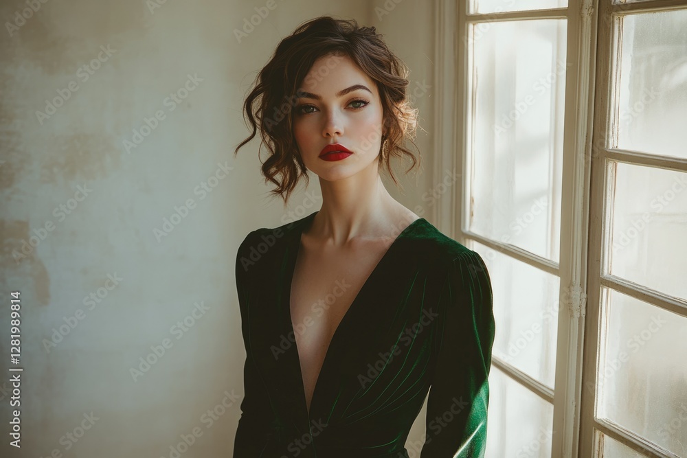 Fototapeta premium Elegant woman in a dark green velvet dress, posing near a window. Classic beauty and vintage style.