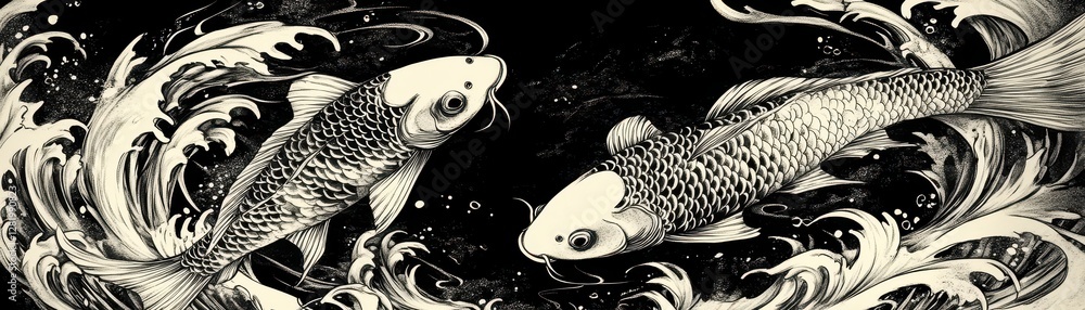 Fototapeta premium Faintly inked koi fish gliding through swirling Japanese waves, symbolizing flow and perseverance