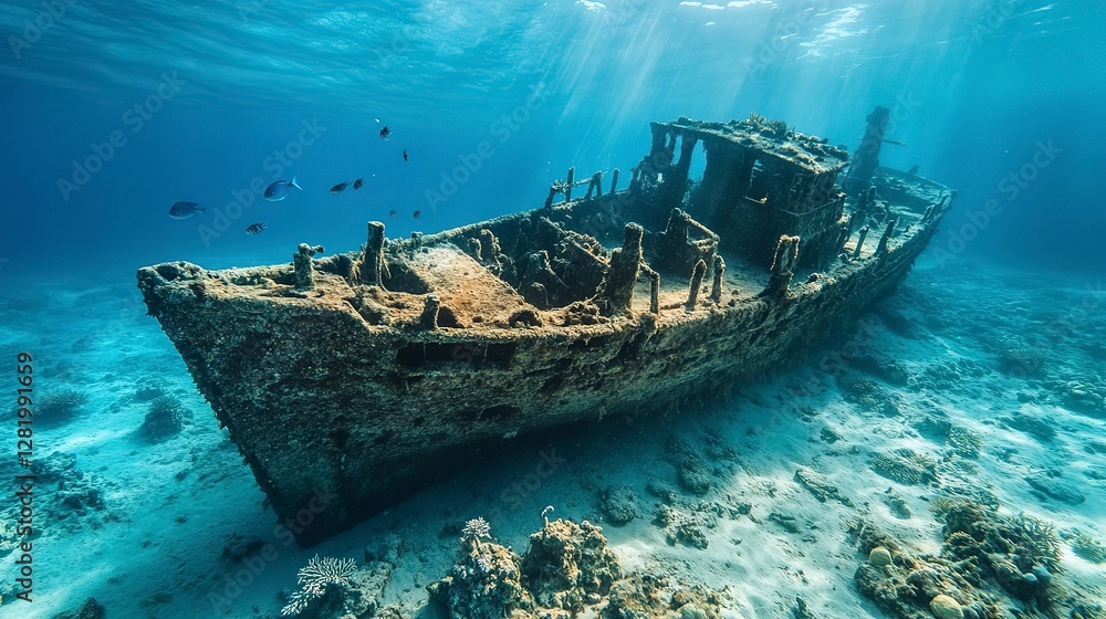 Fototapeta premium sunken shipwreck covered with coral, mysterious underwater ruins, aquatic life swimming, eerie atmosphere, exploration, ancient treasure