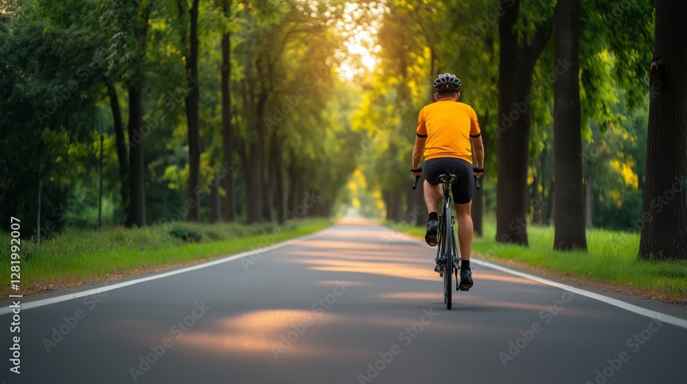 Fototapeta premium A cyclist enjoys a peaceful ride through a sunlit tree-lined path.