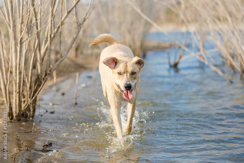 Happy tan and white mixed breed dog playing in water at lake shore chasing looking at camera smiling Happy tan and white mixed breed dog playing in water at lake shore chasing looking at camera smiling