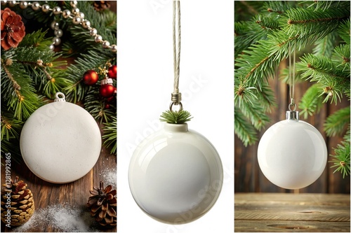 Three white Christmas ornaments hanging from a tree. The first ornament is a small white ball with a green leaf on top. The second ornament is a white ball with a silver chain hanging from it