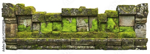 Ancient mossy stone wall section isolated on white background.