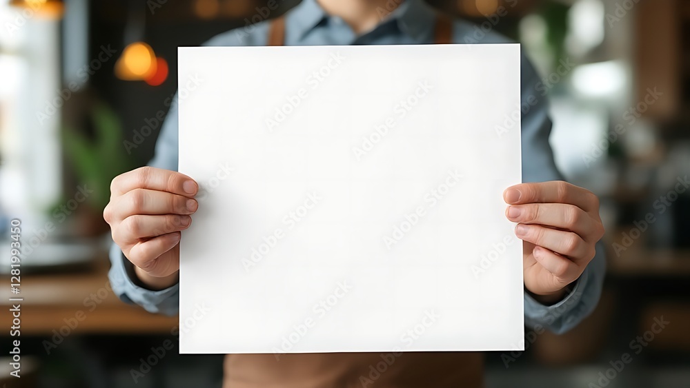 A person holds a blank white sheet of paper in a cafe, showcasing it A person holds a blank white sheet of paper in a cafe, showcasing it