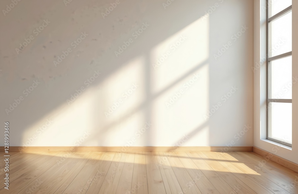Minimalist interior render with wood laminate floors, sunlight casting artistic wall shadows. Empty room features white wall, window. Ideal for interior design, architecture presentations product Minimalist interior render with wood laminate floors, sunlight casting artistic wall shadows. Empty room features white wall, window. Ideal for interior design, architecture presentations product