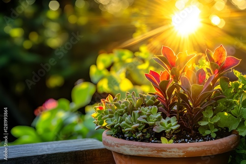 Vibrant potted succulents basking in golden sunlight with lush greenery in the background