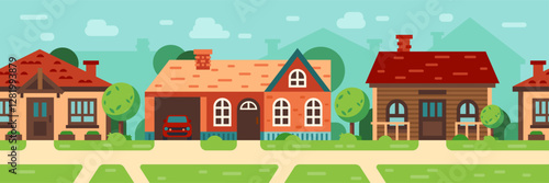 Cozy suburban street with detached houses and green trees showing a quiet residential area with parked car under blue sky with some clouds, ideal for real estate and lifestyle concepts