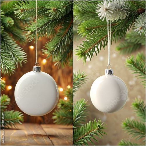 Two white ornaments hanging from a tree. One is empty and the other is full. The empty ornament is hanging from the left side of the image and the full ornament is hanging from the right side