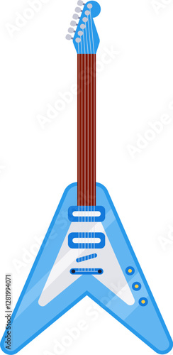 Light blue flying v electric guitar with white pickguard and brown fretboard standing up on plain white background, simple vector illustration