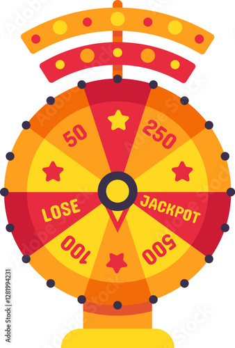 Colorful wheel of fortune spinning with jackpot, lose and score sections, representing luck, chance, and the excitement of gambling and winning
