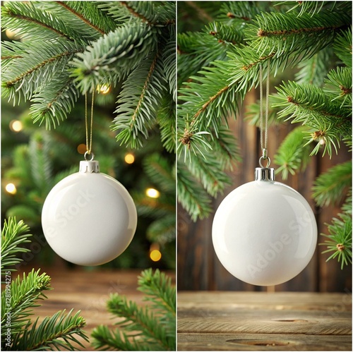 Two white Christmas ornaments hanging from a tree branch. One is empty and the other is full