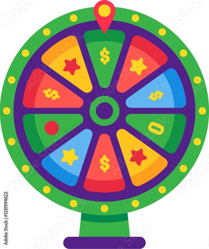 Cartoon fortune wheel spinning with pointer indicating winning money or bonus prize, offering chance to win and gamble, representing lottery, casino, or game show concept
