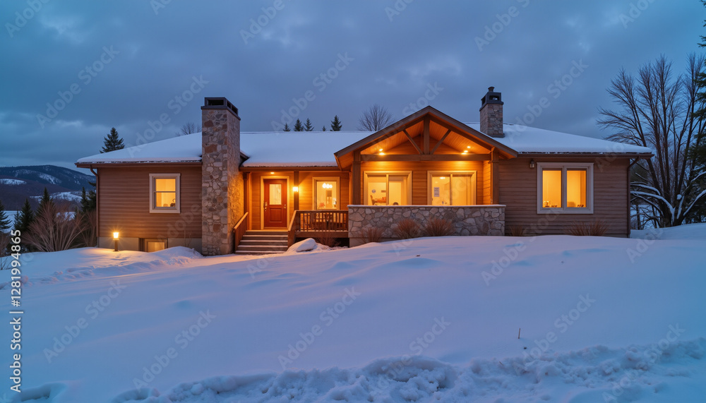 Warm glow of minimalist house in snowy landscape, cozy tranquility Warm glow of minimalist house in snowy landscape, cozy tranquility