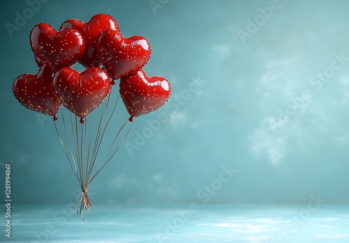 Shiny Red Heart Balloons Floating Against a Soft Blue Background