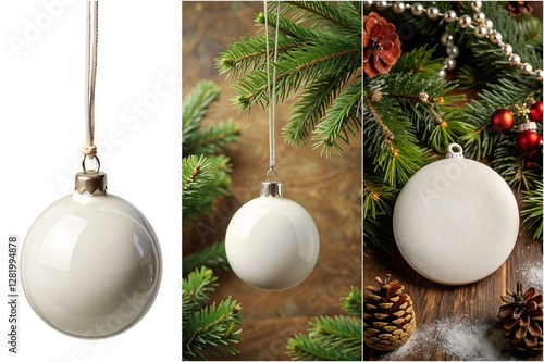 A white ornament hangs from a tree. The tree is decorated with red and green ornaments