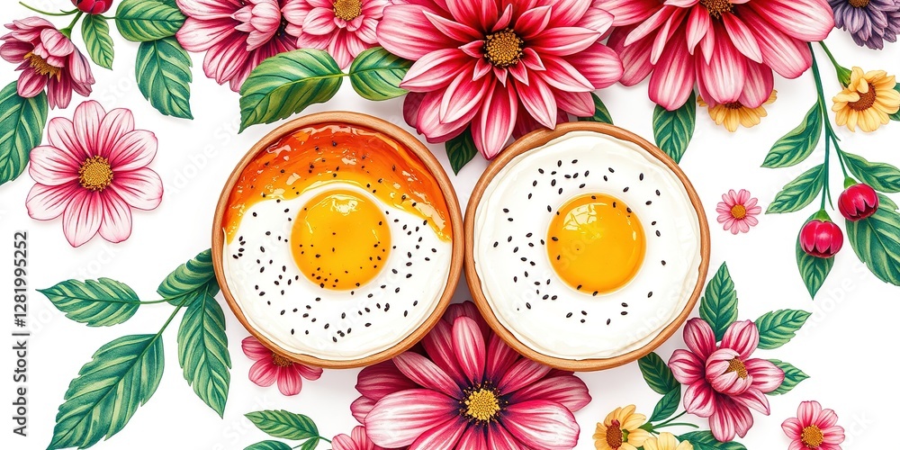 Culinary Canvas: Vibrant Hand-Painted Food Art on Floral Tapestry Culinary Canvas: Vibrant Hand-Painted Food Art on Floral Tapestry