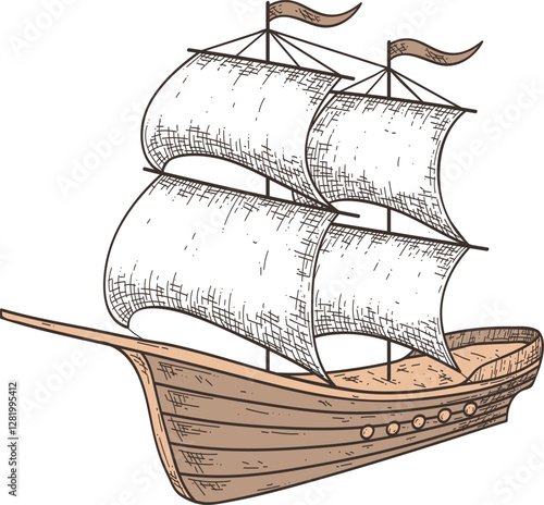 Hand drawn illustration of a vintage sailing ship, majestically navigating the open sea with its sails unfurled, flags waving in the wind, capturing the spirit of exploration and adventure