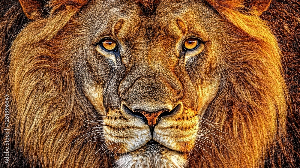 wildlife close-up of a lion in savanna, golden mane, intense gaze, warm sunset light, natural habitat, detailed fur, majestic animal wildlife close-up of a lion in savanna, golden mane, intense gaze, warm sunset light, natural habitat, detailed fur, majestic animal