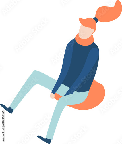 Young woman wearing winter clothes sliding down on inflatable sled, having fun outdoors during winter holidays, colorful flat vector illustration
