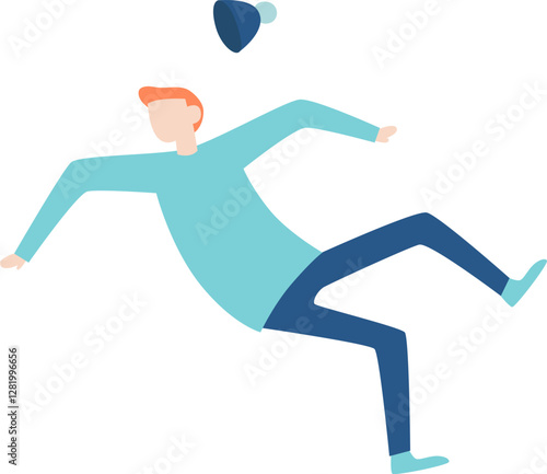 Young man with light blue sweater and dark blue pants falling down on the ground after slipping, losing his hat in the process, representing clumsiness and accidents in a humorous way