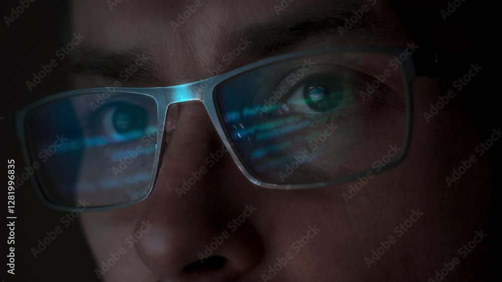 Close-up of a data scientist, wearing eyeglasses, reflecting programming code on the lenses. Computer science machine learning and AI concept. Close-up of a data scientist, wearing eyeglasses, reflecting programming code on the lenses. Computer science machine learning and AI concept.